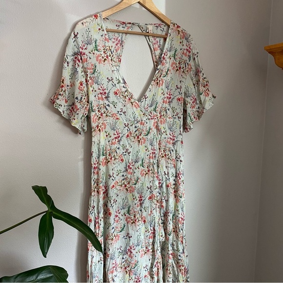 Anthropologie Raga Mint Green Floral V-Neck Wrap Flutter Sleeve Maxi Dress Sz M - Picture 6 of 9